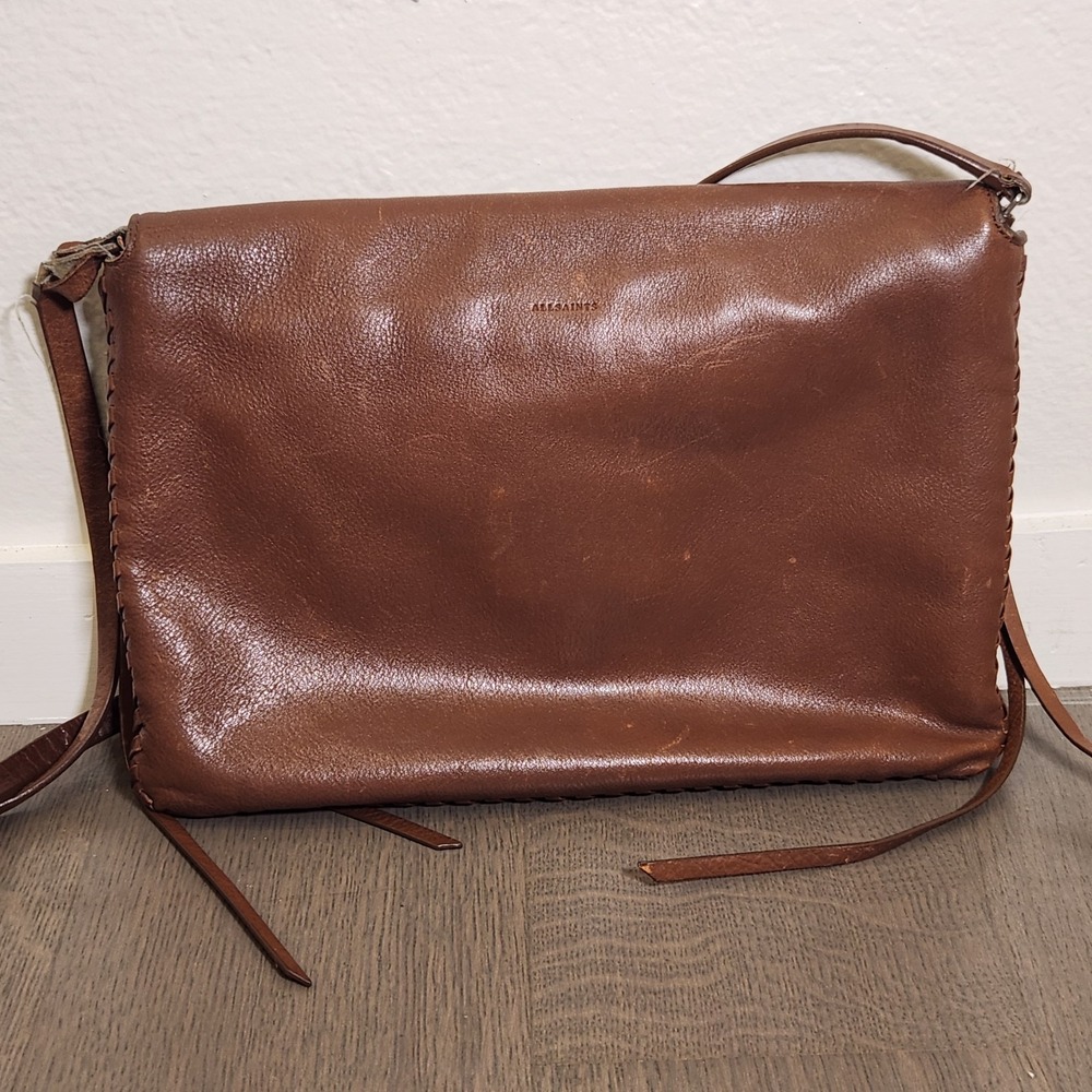 vintage AllSaints Club Leather Crossbody Bag honey brown Multi-Zip Flap Woven